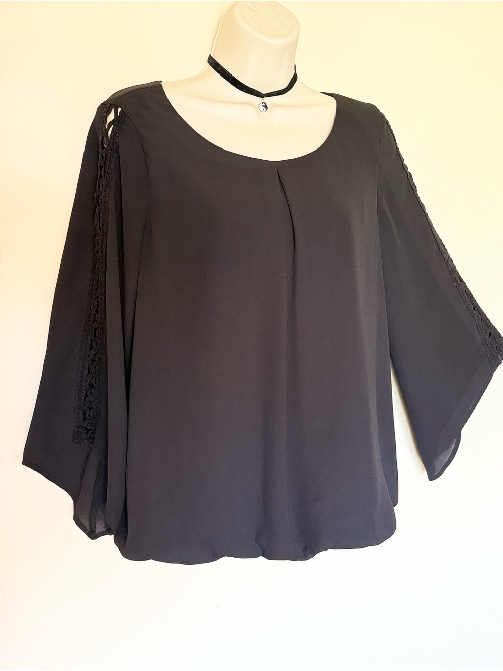 Black Lace-Trim Dolman Sleeve Blouse